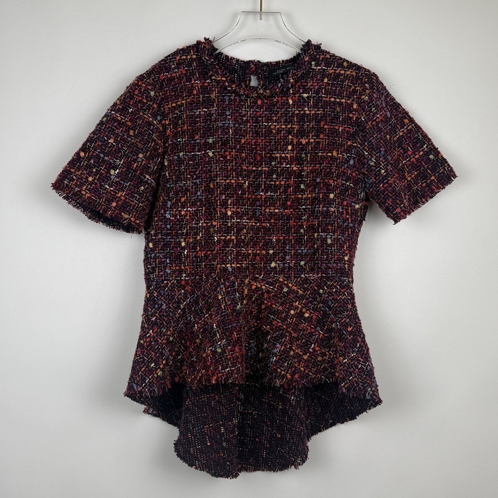 Zara Tweed Peplum Multicolor Purple Pink Raw Hem Drop Split Back Top Size XS - Picture 3 of 11